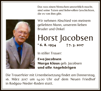 Traueranzeige von Horst Jacobsen von Offenbach