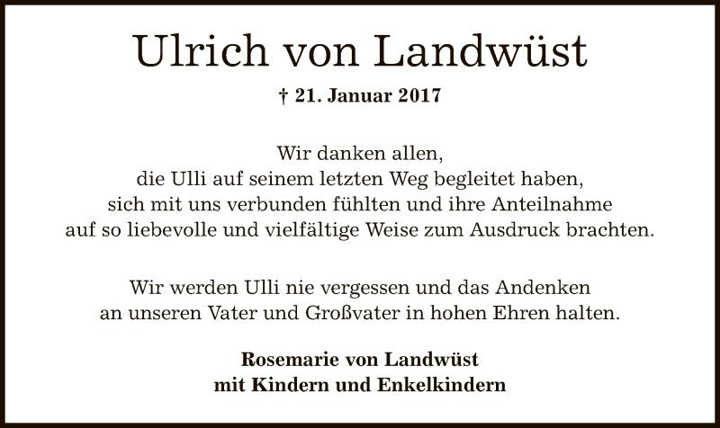  Traueranzeige für Ulrich von Landwüst vom 02.03.2017 aus Offenbach