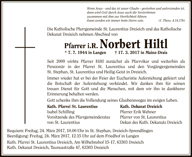  Traueranzeige für Norbert Hiltl vom 23.03.2017 aus Offenbach