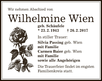 Traueranzeige von Wilhelmine Wien von Offenbach