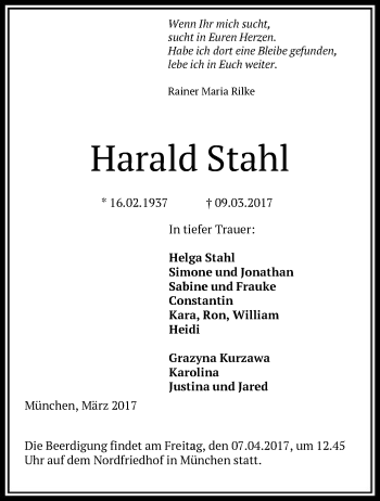 Traueranzeige von Harald Stahl von Offenbach