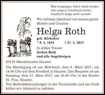 Traueranzeige von Helga Roth von Offenbach