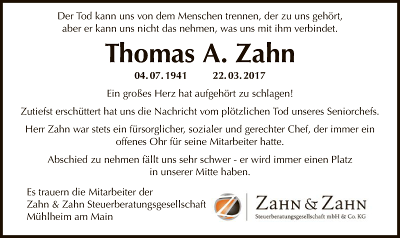  Traueranzeige für Thomas A. Zahn vom 25.03.2017 aus Offenbach