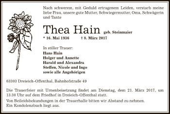 Traueranzeige von Thea Hain von Offenbach