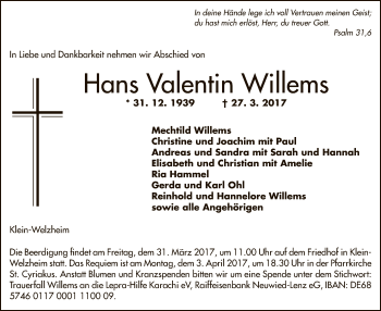 Traueranzeige von Hans Valentin Willems von Offenbach