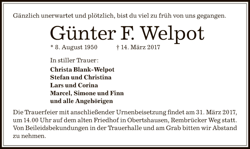  Traueranzeige für Günter Welpot vom 25.03.2017 aus Offenbach