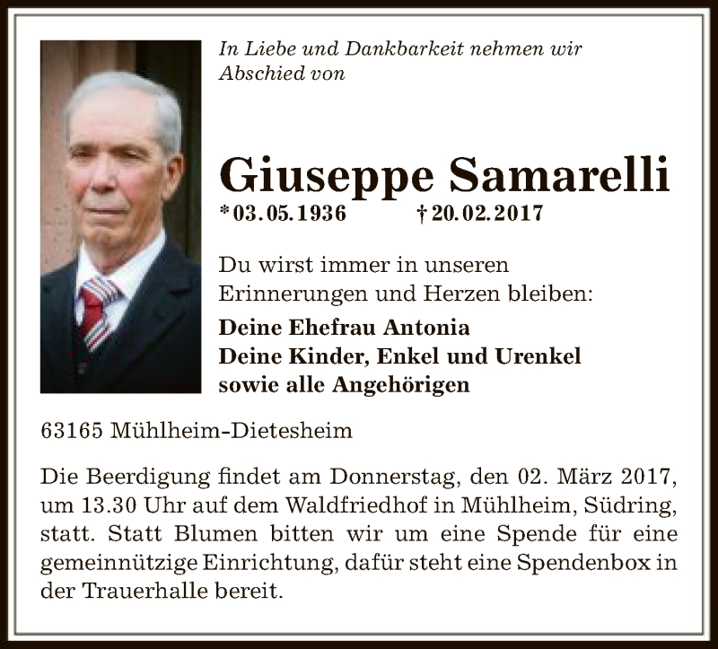  Traueranzeige für Giuseppe Samarelli vom 02.03.2017 aus Offenbach