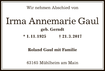 Traueranzeige von Irma Annemarie Gaul von Offenbach