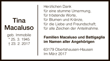 Traueranzeige von Tina Macaluso von Offenbach