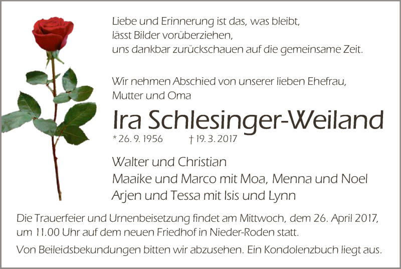  Traueranzeige für Ira Schlesinger-Weiland vom 22.04.2017 aus Offenbach