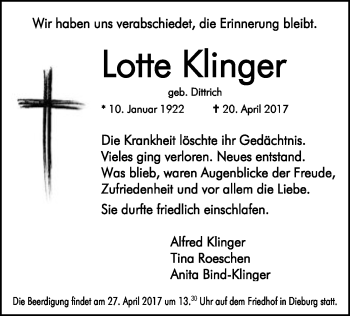Traueranzeige von Lotte Klinger von Offenbach