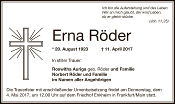 Traueranzeige von Erna Röder von Offenbach