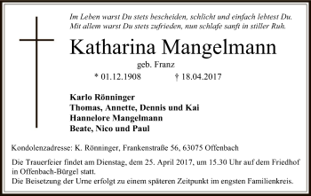 Traueranzeige von Katharina Mangelmann von Offenbach