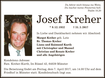 Traueranzeige von Josef Kreher von Offenbach