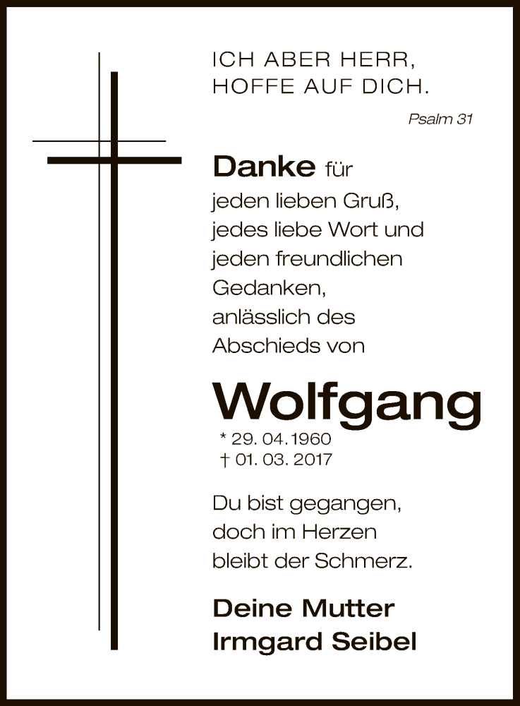  Traueranzeige für Wolfgang Seibel vom 08.04.2017 aus Offenbach