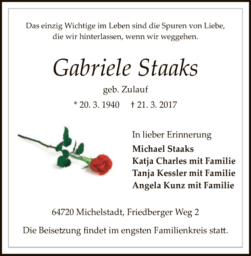  Traueranzeige für Gabriele Staaks vom 15.04.2017 aus Offenbach