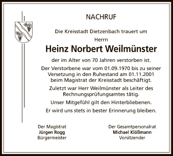 Traueranzeige von Heinz Norbert Weilmünster von Offenbach