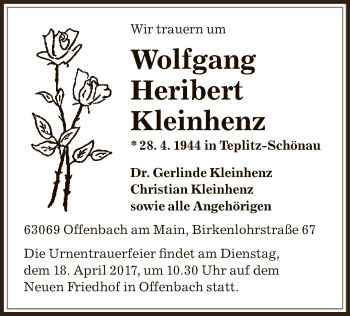 Traueranzeige von Wolfgang Heribert Kleinhenz von Offenbach