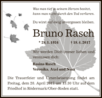 Traueranzeige von Bruno Rasch von Offenbach