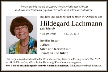 Traueranzeige von Hildegard Lachmann von Offenbach