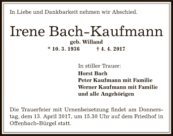 Traueranzeige von Irene Bach-Kaufmann von Offenbach