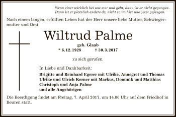 Traueranzeige von Wiltrud Palme von Offenbach