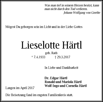 Traueranzeige von Lieselotte Härtl von Offenbach