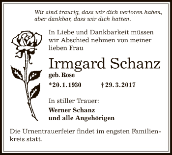 Traueranzeige von Irmgard Schanz von Offenbach