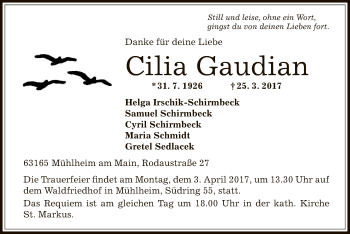 Traueranzeige von Cilia Gaudian von Offenbach