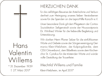 Traueranzeige von Hans Valentin Willems von Offenbach