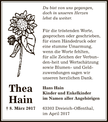 Traueranzeige von Thea Hain von Offenbach