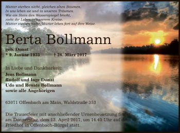Traueranzeige von Berta Bollmann von Offenbach