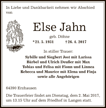 Traueranzeige von Else Jahn von Offenbach