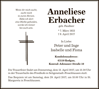 Traueranzeige von Anneliese Erbacher von Offenbach