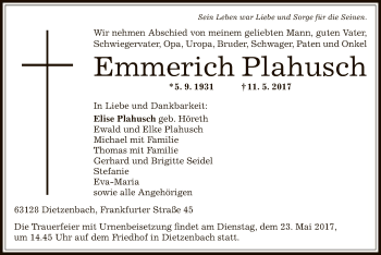 Traueranzeige von Emmerich Plahusch von Offenbach