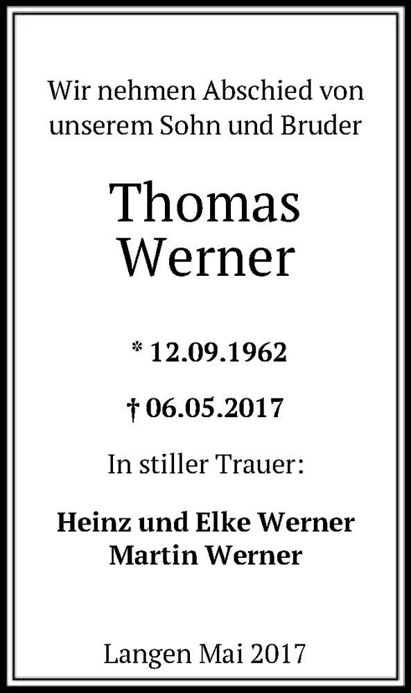  Traueranzeige für Thomas Werner vom 18.05.2017 aus Offenbach