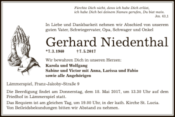 Traueranzeige von Gerhard Niedenthal von Offenbach