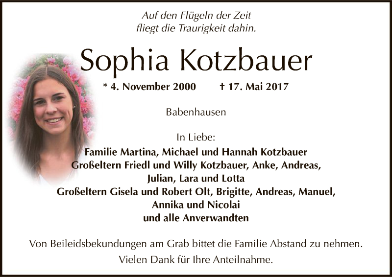  Traueranzeige für Sophia Kotzbauer vom 24.05.2017 aus Offenbach
