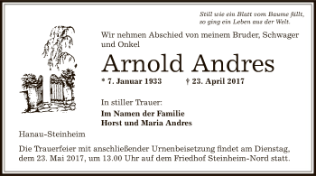 Traueranzeige von Arnold Andres von Offenbach