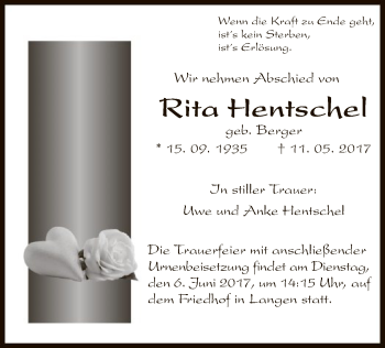 Traueranzeige von Rita Hentschel von Offenbach