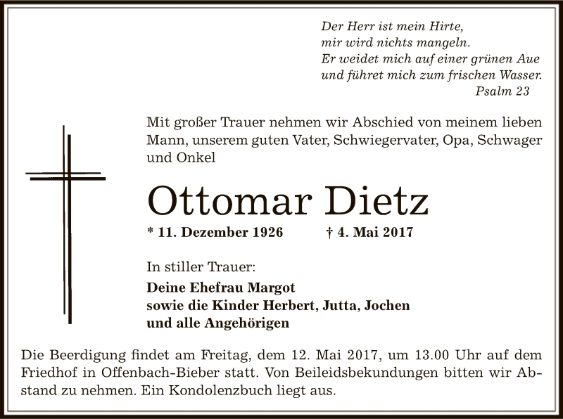  Traueranzeige für Ottomar Dietz vom 06.05.2017 aus Offenbach