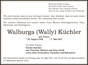 Traueranzeige von Walburga  Küchler von Offenbach