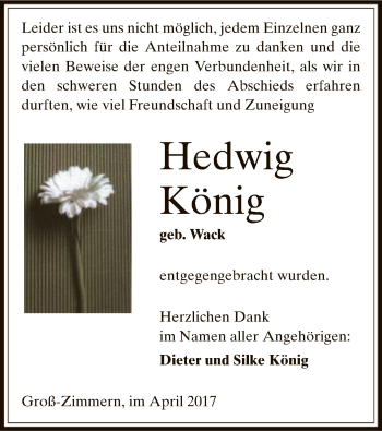 Traueranzeige von Hedwig König von Offenbach