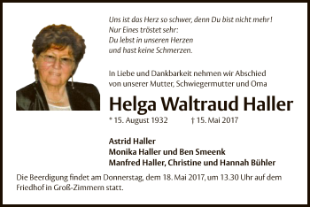 Traueranzeige von Helga Waltraud Haller von Offenbach