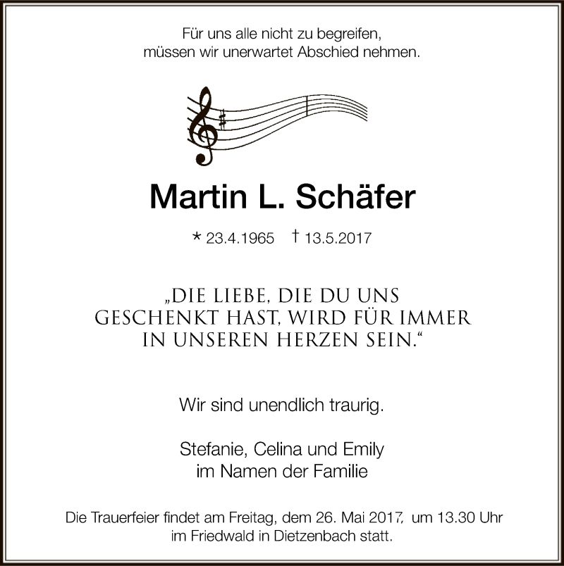  Traueranzeige für Martin L. Schäfer vom 20.05.2017 aus Offenbach