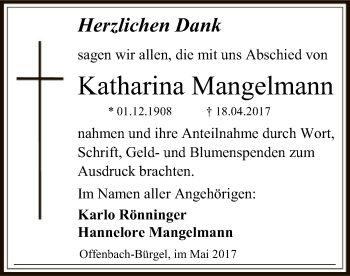 Traueranzeige von Katharina Mangelmann von Offenbach