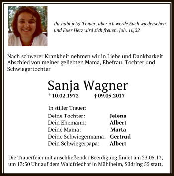 Traueranzeige von Sanja Wagner von Offenbach