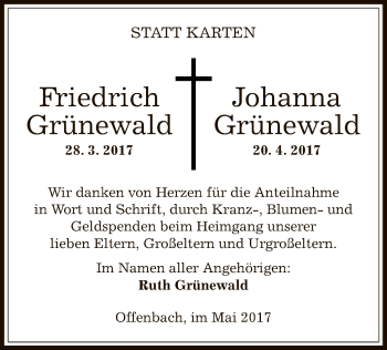 Traueranzeige von Friedrich und Johanna Grünewald von Offenbach