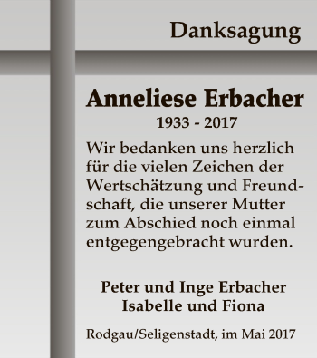 Traueranzeige von Anneliese Erbacher von Offenbach