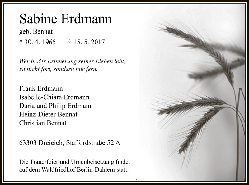  Traueranzeige für Sabine Erdmann vom 25.05.2017 aus Offenbach